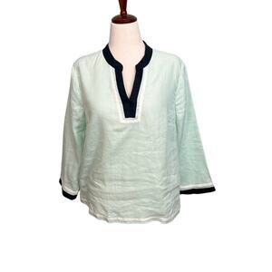 Talbots mint green linen tunic top navy & white trim 3/4 sleeve open neck Sz LP